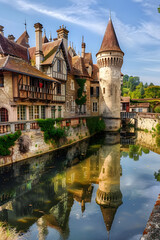 Imposing Medieval Castle and Charming Riverside Village under a Clear Blue Sky - obrazy, fototapety, plakaty