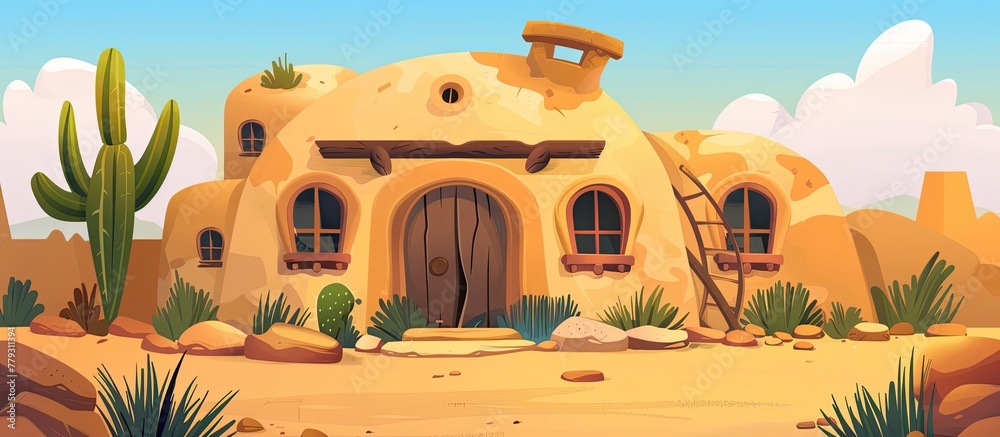 Wall mural a cartoon illustration of a desert cottage with a cactus in the foreground. the building has a windo