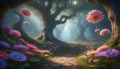 a path through fantasy woodland with gigantic enchanted flowers, Surreal, intricate details, epic scene, beautiful ethereal illumination, fantastic tale, magical, unreal engine