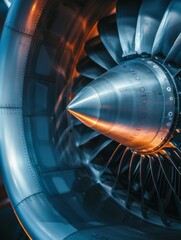 Blue-toned jet engine turbine close up - An artistic close-up shot of a jet engine turbine with a captivating blue tone highlighting its detailed design - obrazy, fototapety, plakaty