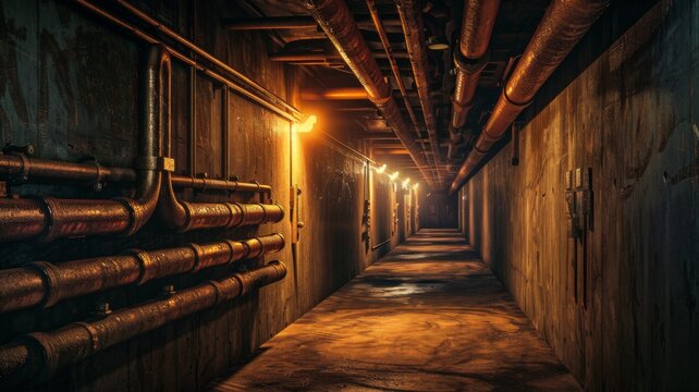 Dimly Lit Industrial Basement Corridor - An eerie, cinematic shot of a dimly lit corridor lined with pipes and cable trays fostering a sense of mystery and isolation