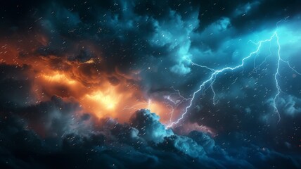 Storm clouds and lightning in a fiery sky - An intense depiction of a tempestuous sky with bright lightning piercing through storm clouds aglow with fiery orange hues - obrazy, fototapety, plakaty