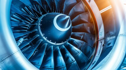 Jet engine turbine close-up with blue tone effect - Close-up of a jet engine turbine with cool blue tone color grading, showcasing intricate details and precision of design - obrazy, fototapety, plakaty