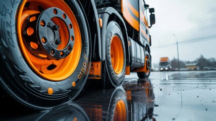 Orange wheel of truck reflected in the water - Close-up of a large vehicle's vibrant orange wheel with water reflecting on a wet surface, showcasing contrast and strength