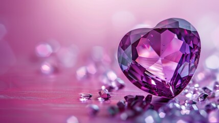 Close-up of a heart-shaped shiny crystal - Close-up view of a purple heart-shaped crystal on a pink surface, highlighted by its sparkling facets - obrazy, fototapety, plakaty