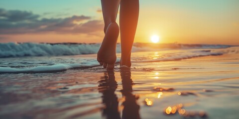 Low-angle view of girls feet walking on beach at sunset