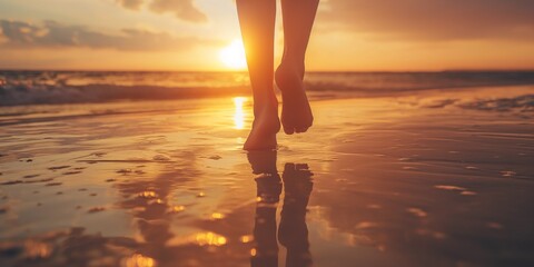 Low-angle view of girls feet walking on beach at sunset