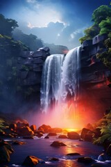 Tropical landscape. Beautiful hidden waterfall in rainfores AI Generative