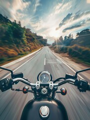 Blurry view from motorcycle speeding on open road - Dynamic image portraying speed and freedom of a motorcycle ride on an open road, view from the biker's perspective
