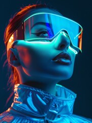 Futuristic female in neon cyber glasses blurred - Imaginative portrayal of a woman in neon lighting wearing futuristic cyber glasses, face digitally removed