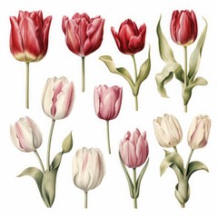 Set of tulips isolated on white background. Watercolor illustration.