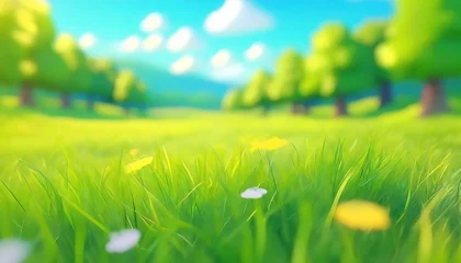 Fotobehang spring landscape with green grass and sun © Ammanuel