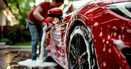 Professional washing of a sports car using shampoo.