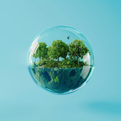 3D rendering of Earth globe with green trees inside a glass sphere. World Health Day concept