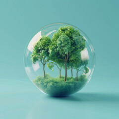 3D rendering of Earth globe with green trees inside a glass sphere. World Health Day concept