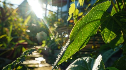 a single water droplet on a big leaf in an eco-garden in sunlight - obrazy, fototapety, plakaty
