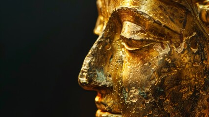 Close-up of a golden textured Buddha statue - This detailed image highlights the intricate textures and patina on the surface of a golden Buddha statue, bringing out the artistry and craftsmanship - obrazy, fototapety, plakaty