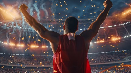 Fototapeta na wymiar Athlete celebrating victory in a stadium - Triumphant athlete with arms raised in a stadium full of spectators signifies achievement and glory