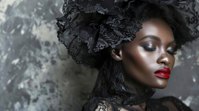 A bewitching black woman adorned in a decadent lace and velvet dress her captivating appearance channeling the captivating beauty of a Transylvanian vampire queen. .