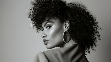 A striking black and white photograph of a woman with her back to the camera looking over her shoulder with a mischievous smile. She is wearing a vibrant oversized neon blazer with .