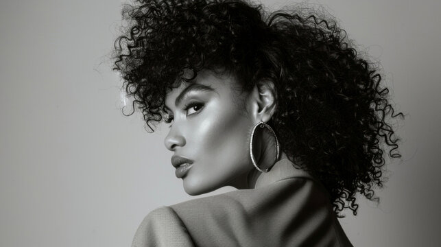 A striking black and white photograph of a woman with her back to the camera looking over her shoulder with a mischievous smile. She is wearing a vibrant oversized neon blazer with .