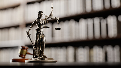 Legal Concept: Themis is the goddess of justice and the judge's gavel hammer as a symbol of law and order on the background of books - 779314513