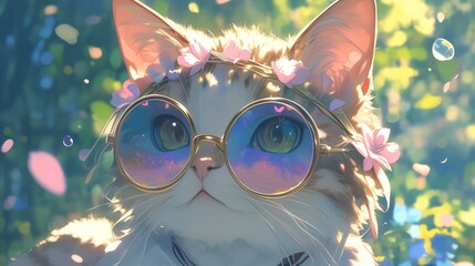 Watercolor Illustration of a Cat Wearing Glasses, Infused with Whimsy, Charm, and Feline Sophistication