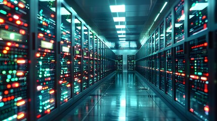 Data center abstract background, database within terminal storage, hardware server room, cloud computing, and network hosting within a rack system. - obrazy, fototapety, plakaty