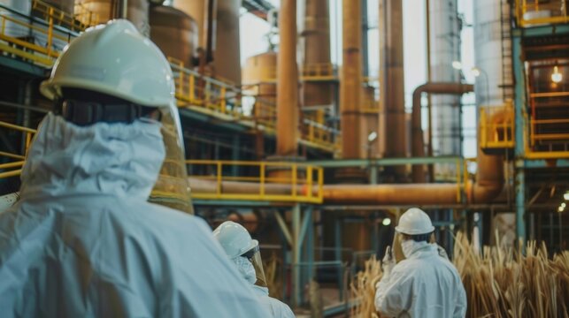 In a factory setting a group of workers in protective gear oversee the processing of sugar cane into biofuel. Giant vats and tubes are visible and the air is thick with the smell of .