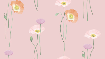 Floral seamless pattern, colorful poppy flowers on pink background