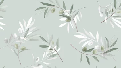 Tuinposter Seamless pattern, olive leaf branch on green background © momosama