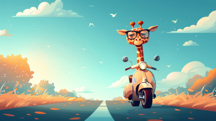 An adorable giraffe cartoon character enjoying a Vespa ride on a scenic country road, with a bright and colorful backdrop. - obrazy, fototapety, plakaty