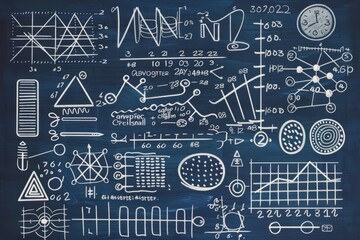 Creative scientific doodles on a blue chalkboard - A blue chalkboard filled with white chalk sketches of scientific and mathematical concepts, indicating creative brainstorming and education