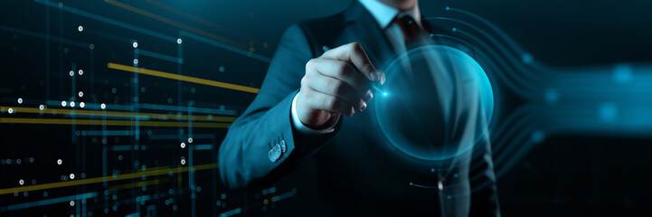 The businessman touch virtual screen. Man presses virtual button. Business Technology Concept - 779315711