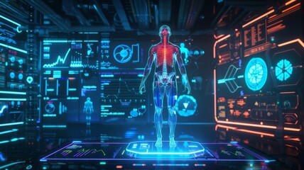 Futuristic human anatomy scan visualization - A high-tech digital interface displaying a human figure with detailed anatomy and health data, set against a vibrant cyber background