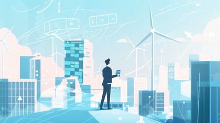 Fototapeta premium Futuristic cityscape with a businessman using tech - A modern man interfaces with technology amidst a stylized city, representing connectivity and innovation
