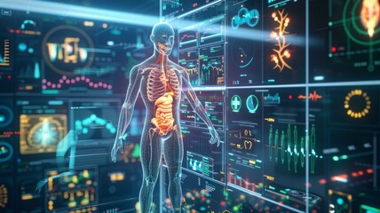 Futuristic human anatomy interface visualization - An advanced human anatomy holographic projection showcasing various body systems with dynamic data overlays