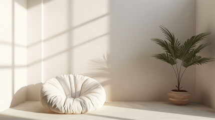 Fototapeta na wymiar A round, white cushion with a sunkissed texture sits on the floor of an empty room, A small plant sits beside it