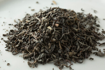 A view of a pile of loose leaf young hyson supreme green tea.