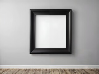 Blank black picture frame on white wall and wooden floor.