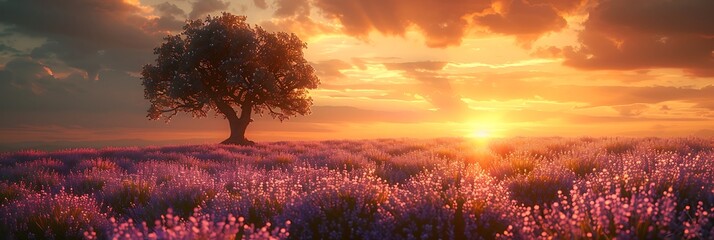 A field of lavender under a golden sunset, with a solitary oak tree casting a long shadow - obrazy, fototapety, plakaty