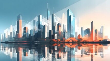 Fototapeta na wymiar Skyscrapers abstract background at sunset or sunrise, intricate geometric pattern of towering structures, detailed perspective graphic painting of buildings, Architectural illustration for financial, 
