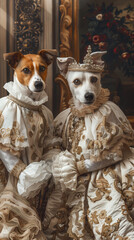 Regal fox terrier duo in exquisite royal attire, proud and elegant classic portrait style. Photo-like illustration. 