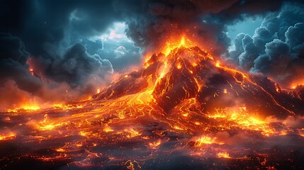 A fiery volcano erupting at night, with lava flowing down its slopes and ash filling the sky. - obrazy, fototapety, plakaty