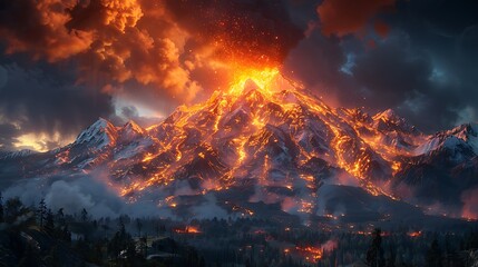 A fiery volcano erupting at night, with lava flowing down its slopes and ash filling the sky.