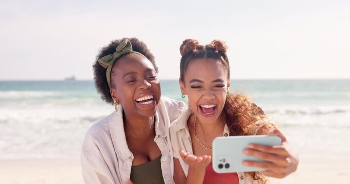 Friends, women and selfie video on the beach with travel, fun outdoor and happy for social media post. Memory, photography and influencer live streaming, playful and smile in picture on holiday