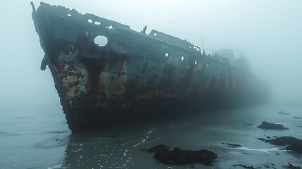 A ghostly shipwreck on a foggy beach, with waves gently lapping at its hull.