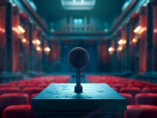 Press conference setting, empty podium, microphone closeup, anticipation atmosphere, room for event details,  - obrazy, fototapety, plakaty