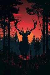 Silhouette of a deer, twilight forest background, simple lines, space for title, tranquil nature scene, 