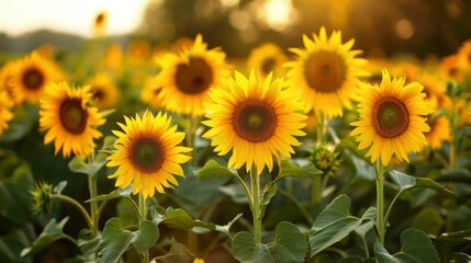 Obraz premium A lush field of tall vibrant yellow sunflowers symbolizing the harmony between plantbased biofuels and the environment. .